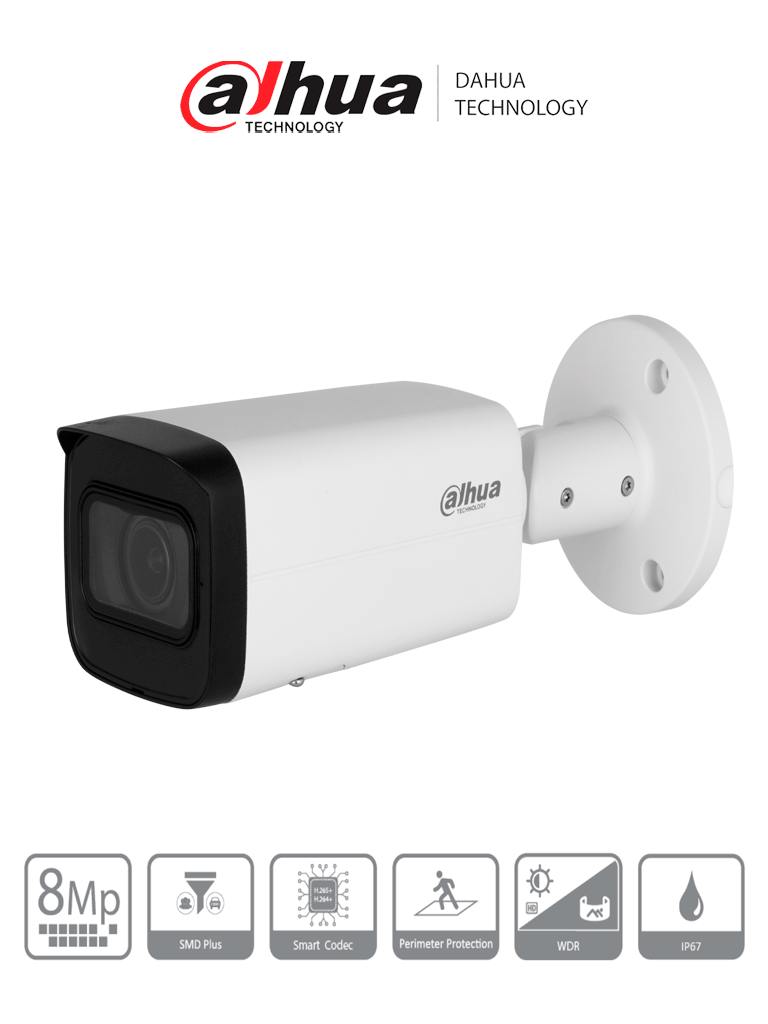 [DHT0030151] DAHUA DH-IPC-HFW2841T-ZS Cámara IP Bullet de 8 Megapíxeles/ Motorizado/ IR de 60 Mts/ 113°/ H.265+/ SMD+/ Protección Perimetral/ Ranura para MicroSD/ WDR/ 3D NR/ HLC/ BLC / IP67