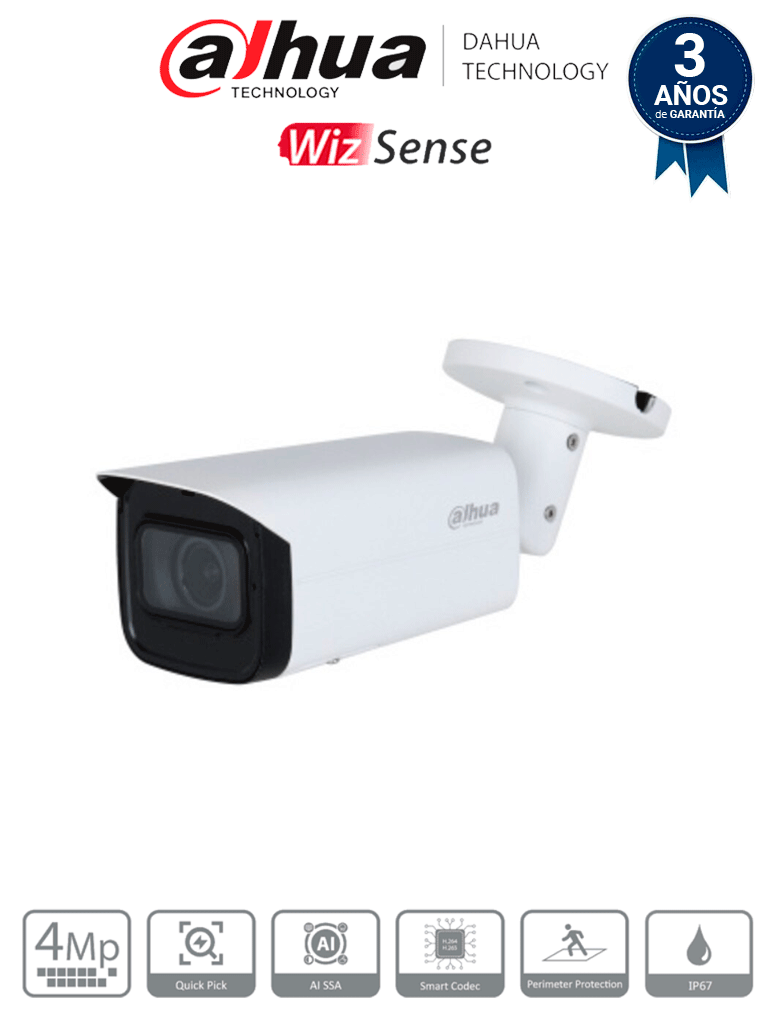 [DHT0030095] DAHUA DH-IPC-HFW3441T-ZS-S2- Cámara IP Bullet de 4 MP/ WizSense/ Lente Motorizado de 2.7 a 13.5mm/ IR de 60 Metros/ H.265+/ WDR Real/ Protección Perimetral/ IP67/ PoE/ SMD Plus/