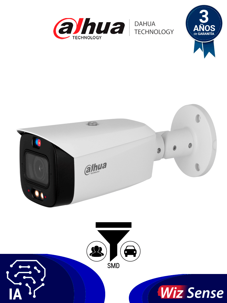 [DHT0030143] DAHUA DH-IPC-HFW3449T1-ZAS-PV - Cámara IP Bullet de 4 MP /WizSense/ Lente Varifocal/ TIOC 2.01/ disuasión activa de luz dual inteligente/ IR 50 m/Luz cálida 40 m/ SMD 4.0/ Disuasión Activa/ Audio bidireccional/ PoE/ IP67/ E&S de Alarma
