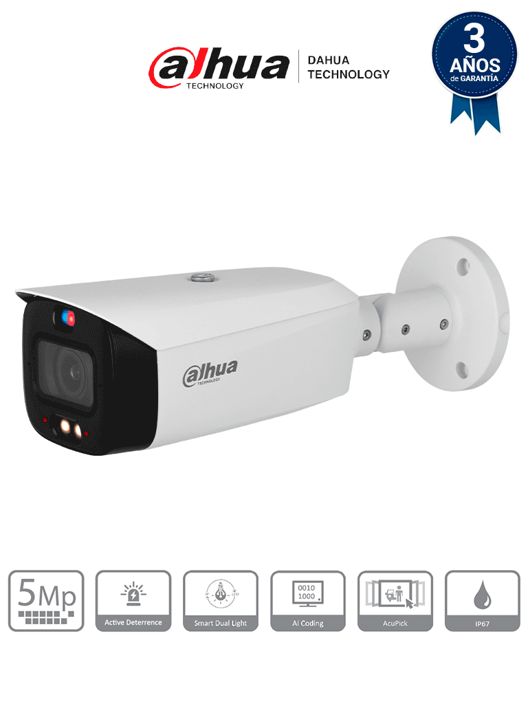[DHT0030144] DAHUA DH-IPC-HFW3549T1-ZAS-PV - Cámara IP bullet de 5 MP /WizSense/ Lente varifocal/ TIOC 2.01/ Disuasión activa/ Iluminador dual inteligente/ IR 50 m/ Luz cálida 40 m / SMD 4.0 / Audio bidireccional / E&S de alarma y audio/ PoE/ IP67/