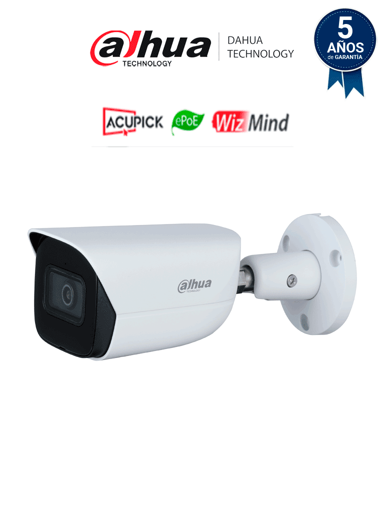 [DHT0030124] DAHUA DH-IPC-HFW5541EP-ASE-0280B-S3 - Cámara Bullet de 5 MP/ WizMind/ Lente 2.8/ LED IR de 50 m/ metadatos de video/ E&S de alarma y audio/ Ranura para micro SD/ MIC incorporado/Protección Perimetral/ Conteo de Personas/ ePoE/ IP67/ SMD 3.0/ AcuPick