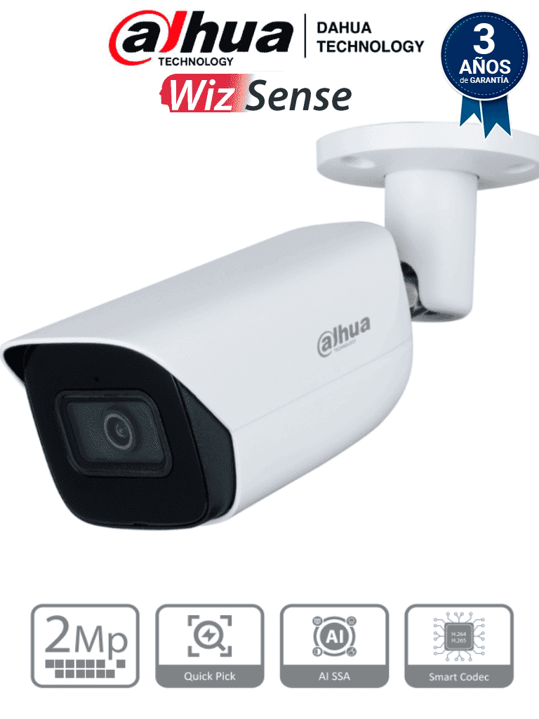 [DHT0030103] DAHUA IPC-HFW3241E-S-S2 - Cámara IP Bullet de 2 MP/ WizSense/ Con IA/ Lente de 2.8 mm/ 107° de Apertura/ Micrófono integrado/ IR de 50 m / SMD 4.0 / AI SSA / Quick Pick/ Ranura MicroSD/ WDR Real de 120 dB / PoE / IP67 /