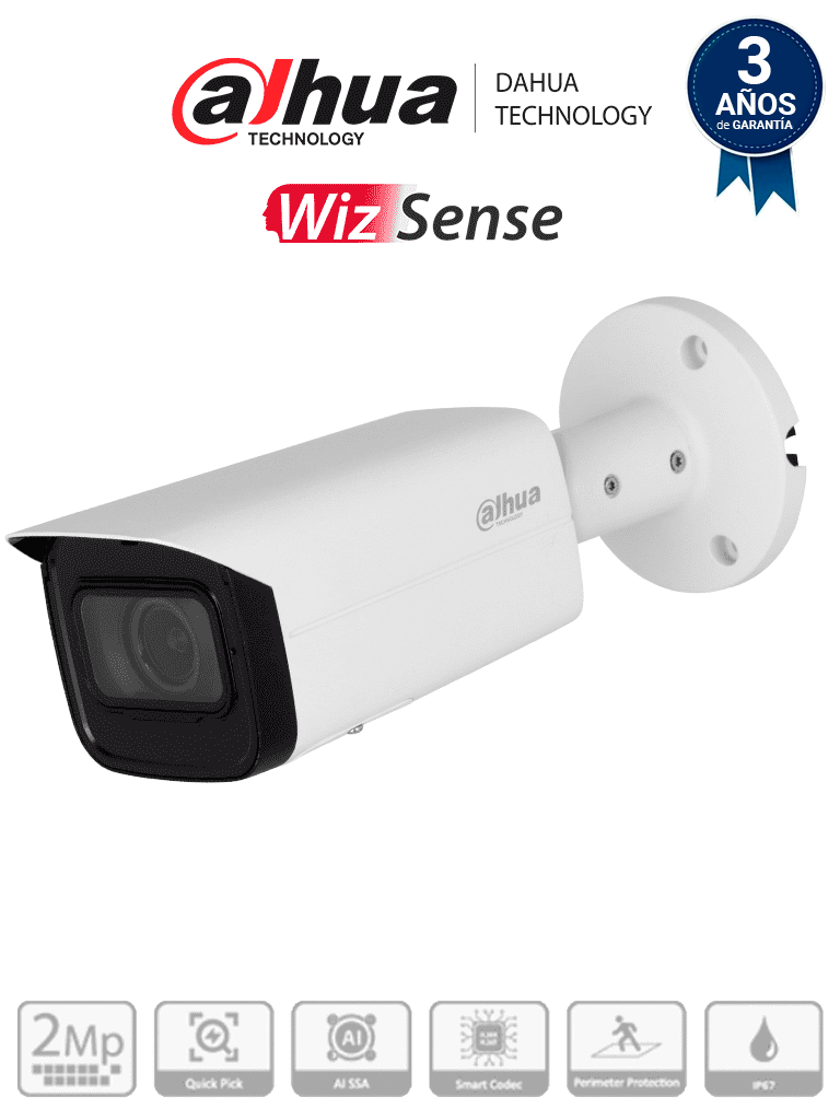 [DHT0030125] DAHUA IPC-HFW3241T-ZAS-S2 - Cámara IP Bullet de 2MP/WizSense/Lente Motorizado de 2.7 a 13 mm/ IR de 60 Metros/ Micrófono Integrado/ IA/ SMD 4.0/ AI SSA/ QuickPick/ E&S de Alarma y Audio/ IP67/ PoE/Ranura para Micro SD#DAHQ1M #IMD #DA5 #MCI2 #IPMC #SED
