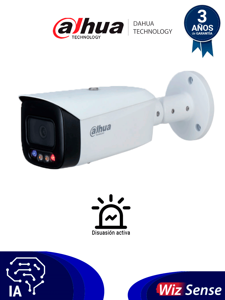 [DHT0030042] DAHUA IPC-HFW3249T1N-AS-PV-0360B - Cámara IP Bullet Resolución de 2 MP/ Lente 3.6 mm/ ∢ 107°/ LED 40mts/ IA WizSense/Det. de Mov. Inteligente/Prot. Perimetral/FullColor/TiOC/PoE/WDR/H.265+/IP67/Micrófono/Sirena/Estrobos/E&S Alarma/E&S Audio