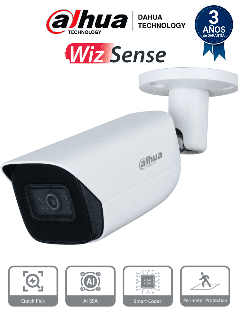 [DHT0030089] DAHUA IPC-HFW3441E-AS-S2 - Camara IP Bullet de 4 Megapíxeles con IA/ WizSense/ Lente de 2.8mm/ 107 Grados de Apertura/ Microfono Integrado/ IR de 50 Metros/ 1 E&S de Alarmas y Audio/ SMD 4.0/ AI SSA/ Ranura MicroSD/ IP67/ PoE/ WDR Real/