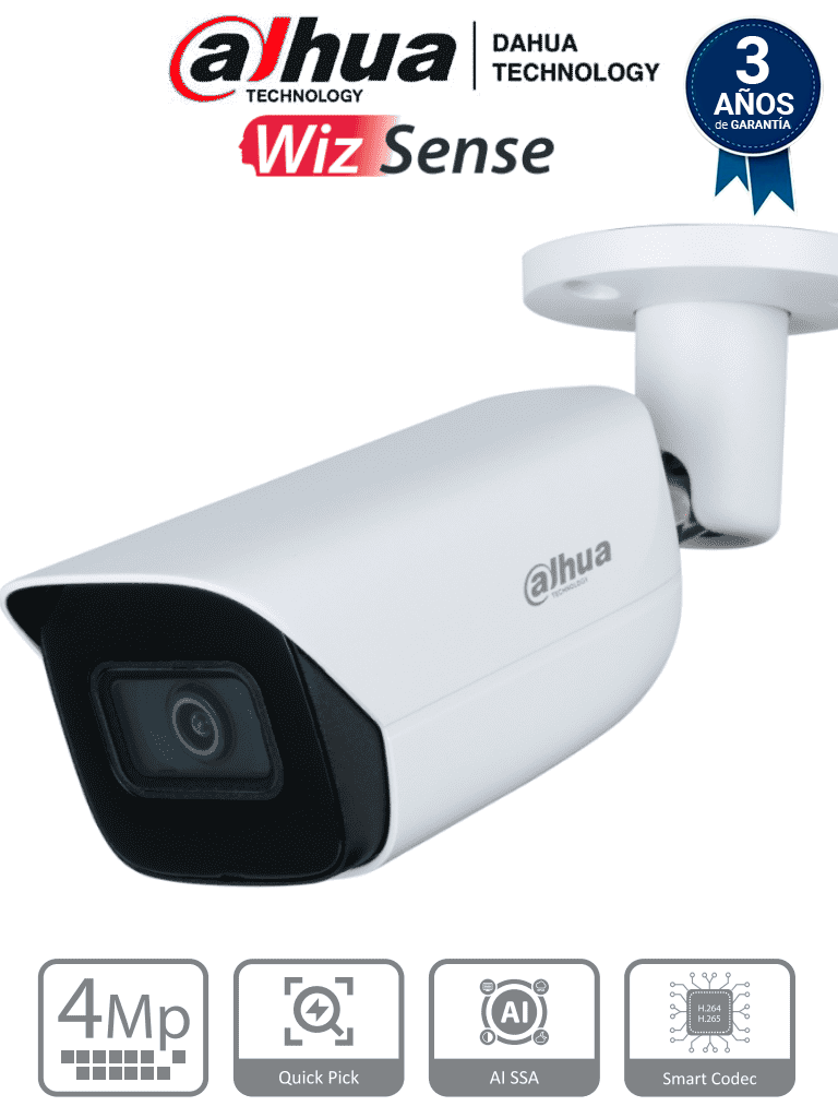[DHT0030114] DAHUA IPC-HFW3441E-S-S2 - Camara IP Bullet de 4 Megapixeles con IA/ WizSense/ Lente de 2.8mm/ 107 Grados de Apertura/ Microfono Integrado/ IR de 50 Metros/ SMD 4.0/ Quick Pick/ AI SSA/ WDR Real/ IP67/ Ranura para MicroSD/ PoE/