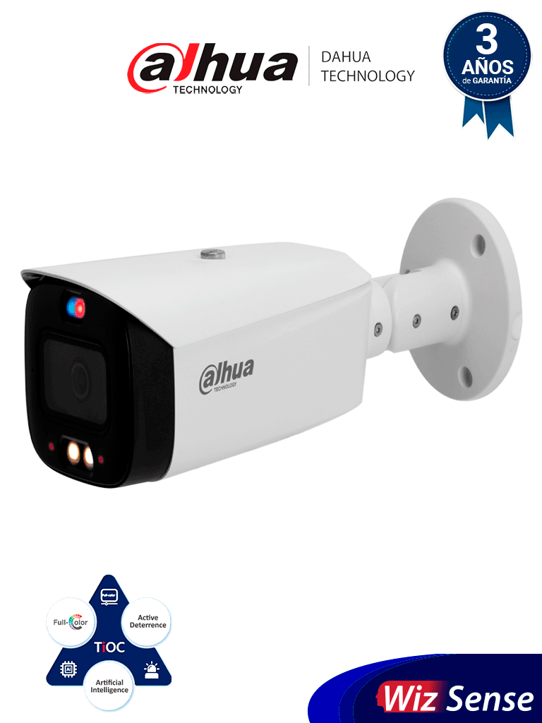 [DHT0030117] DAHUA IPC-HFW3449T1-AS-PV Cámara IP Bullet 4MP/ TiOC/ WizSense/ Iluminador Dual Inteligente/ Disuasión Activa/ Lente 3.6mm/ 30 Metros de IR y Luz Visible/ Sirena y Estrobo Azul y Rojo/ SMD 4.0/ Ranura Micro SD/ E&S de Alarma y Audio/ IP67.