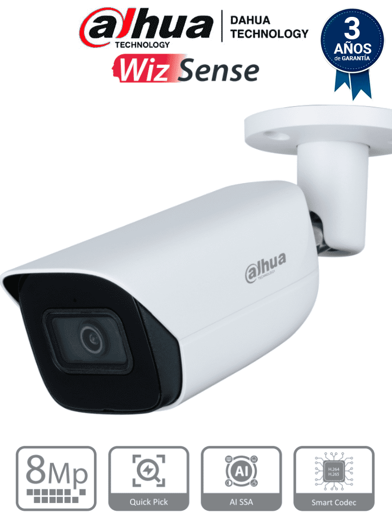 [DHT0030116] DAHUA IPC-HFW3841E-AS-S2 - Camara IP Bullet de 8 Megapixeles con IA/ WizSense/ Lente de 2.8 mm/ 107 Grados de Apertura/ H.265+/ Microfono Integrado/ 1 E&S de Alarma y Audio/ SMD 4.0/ WDR Real/ Quick Pick AI SSA/ PoE/ IP67/