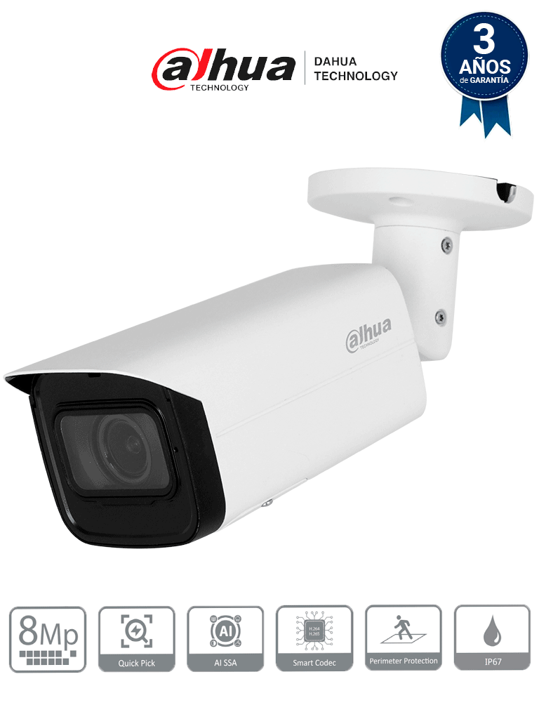 [DHT0030118] DAHUA IPC-HFW3841T-ZAS-S2 Cámara IP Bullet 4K de 8 MP, lente motorizado 2.7-13.5 mm, ángulo 109°, IR 60m, IA WizSense, Detección de Movimiento Inteligente, Protección Perimetral, PoE, WDR, H.265+, IP67, Entrada/Salida Alarma y Audio.