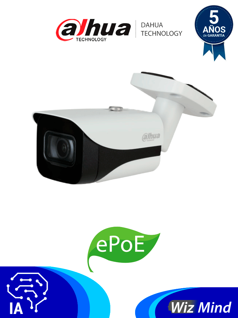 [DHT0030040] DAHUA IPC-HFW5541EN-SE-0280B - Cámara IP Bullet Resolución de 5 MP/ Lente 2.8 mm/ ∢ 102°/ IR 50 mts/ IA WizMind/ Detección Facial/ Protección Perimetral/ Conteo de Personas/ Starlight/ ePoE/ WDR/ H.265+/ IP67/