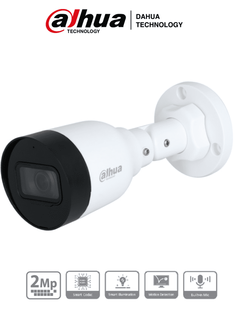 [DHT0030069] Dahua IPC-HFW1230S1-A-S5-Cámara IP Bullet de 2MP, lente de 2.8mm, ángulo de visión de 102 grados, micrófono integrado, compresión H.265+, IR de 30m, protección IP67, PoE, DWDR.