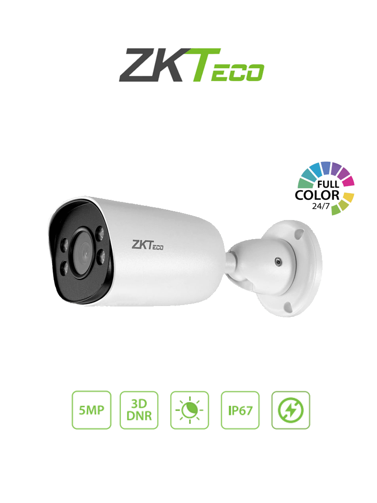 [ZKT0030007] ZKTECO BS855P12CS7CMI - Cámara IP Bullet Full Color 5MP / Compresión H.265 / Lente 3.6 mm / Alcance IR 20mts / Detección Facial / Micrófono Integrado / Carcasa metálica / PoE / IP67 / P2P / ONVIF Profile S