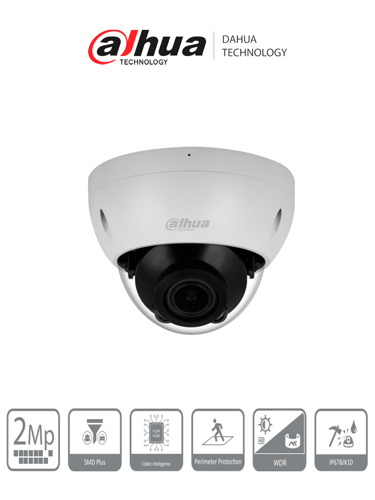 [DHT0040115] DAHUA DH-IPC-HDBW2241R-ZS Cámara Domo IP de 2 MP/ Lente Mot 2.7 mm–13.5 mm/ H.265+/ IR de 40 Mts/ WDR Real/ Prtección Perimetral/ Videoanaliticos/ SMD Plus/ Ranura para MicroSD/ IP67/ IK10/ PoE #CIPF