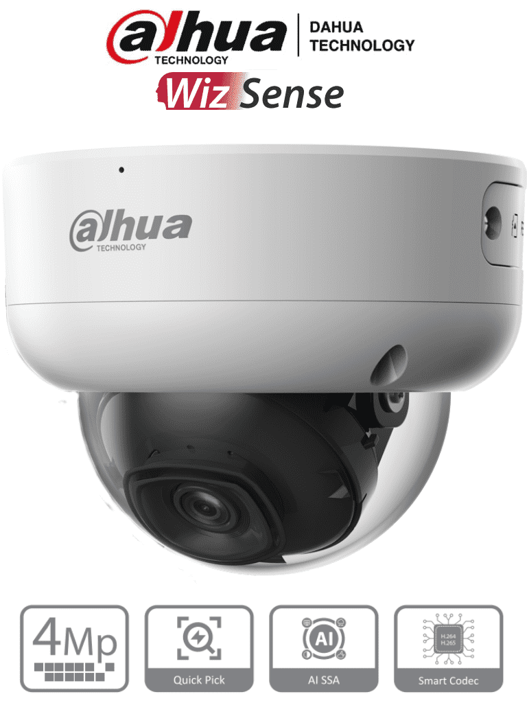 DAHUA IPC-HDBW3441E-AS-S2 - Camara IP Domo Antivandalica de 4 Megapixeles con IA/ WizSense/ Lente de 2.8 mm/ 107 Grados de Apertura/ IR de 50 Metros/ SMD 4.0/ AI SSA/ 1 E&S de Alarma y Audio/ Ranura para MicroSD/ IP67/ IK10/ PoE/