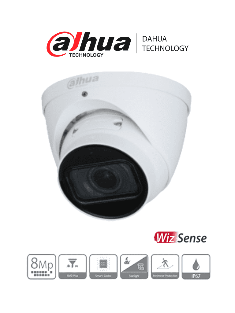 [DHT0040053] DAHUA IPC-HDW3841TN-ZAS - Cámara IP Domo 4K Resolución de 8 MP/ Lente Mot. 2.7 a 13.5mm/ ∢ 113°-31°/ IR 50 mts/ IA WizSense/ Detección de Movimiento Inteligente/ Protección Perimetral/ Starlight/ PoE/ WDR/ H.265+/ IP67/ Micrófono/
