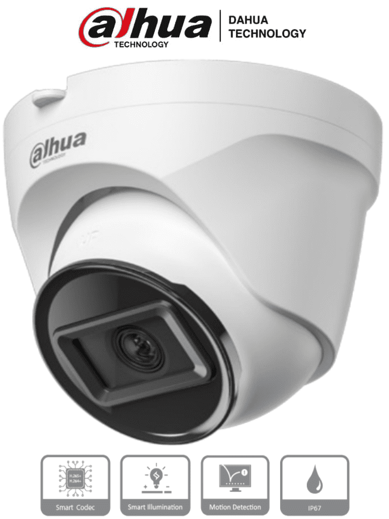 [DHT0040122] DAHUA IPC-T1E20 -Camara IP Domo de 2 MP, lente de 2.8 mm y 99° de visión. Alcance IR de 30 m, protección IP67 y alimentación PoE. Funciones avanzadas: DWDR, 3D NR, HLC, BLC y compresión H.265+ Ideal para videovigilancia confiable#SwitchD1#VolDH