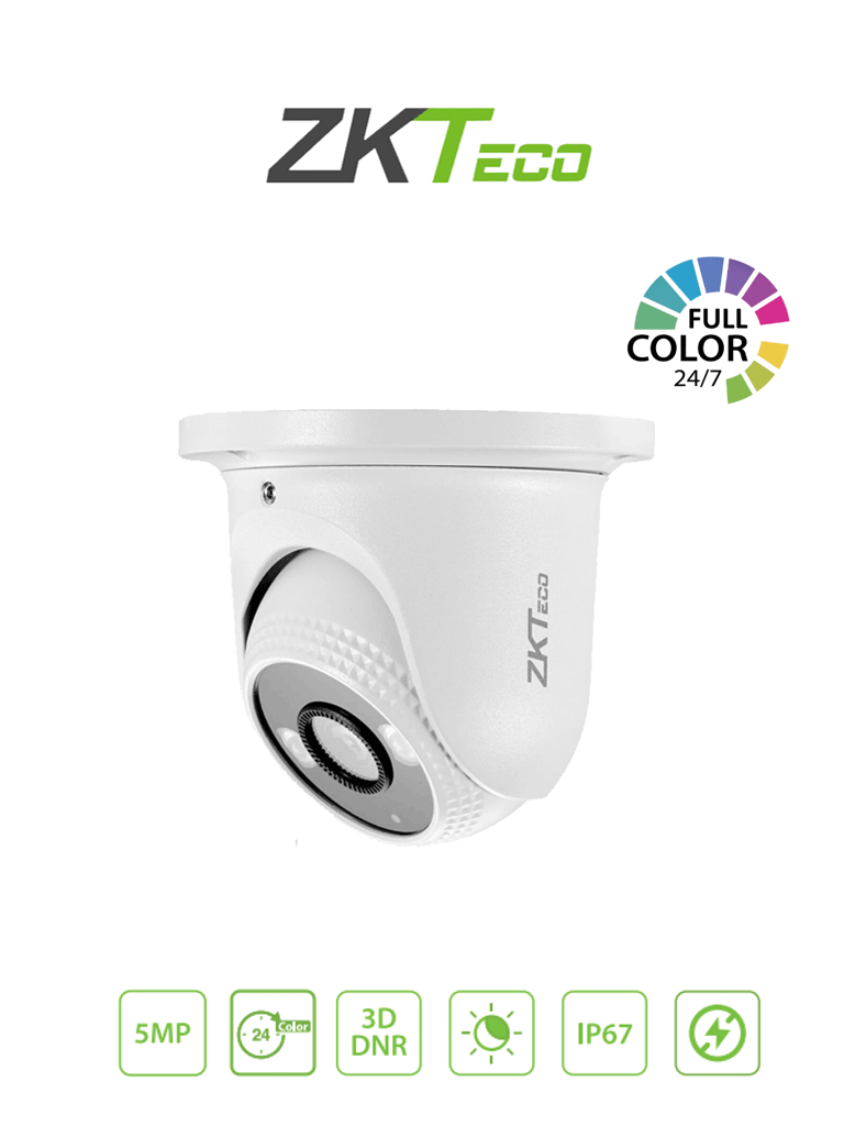 [ZKT0040002] ZKTECO ES855P11CS7CMI- Cámara IP Domo Full Color 5 Megapíxeles / Compresión H.265 / Lente 2.8 mm / Alcance IR 20mts / Detección Facial / Micrófono Integrado / ONVIF Profile SCarcasa metálica / PoE / IP67 / P2P