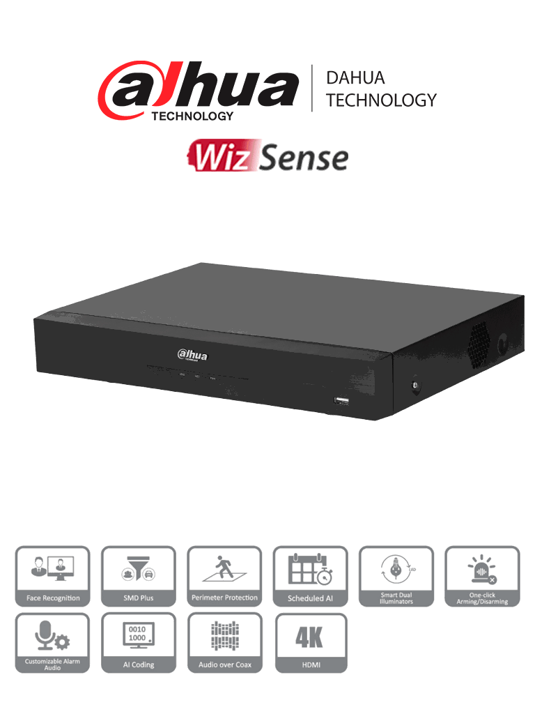 [DHT0350014] DAHUA DH-XVR5104HE-4KL-I3 - DVR de 4 canales 4K con WizSense y compresión H.265+. Admite 4 canales IP adicionales (hasta 8 en total), 1 canal de reconocimiento facial, SMD Plus, E/S de alarmas y 1 bahía para disco duro. Perfecto para seguridad avanzada.