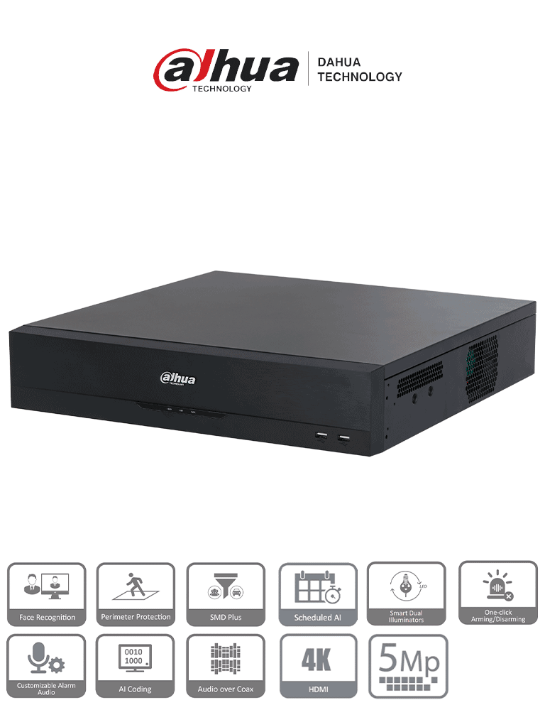 [DHT0370047] DAHUA DH-XVR5832S-I3 - DVR 32 canales de 5MP y 1080p con WizSense, H.265+, codificación IA. Incluye 2 canales de reconocimiento facial y soporte para hasta 32 canales IP (32 totales). SMD Plus y protección perimetral. #XVRPRO