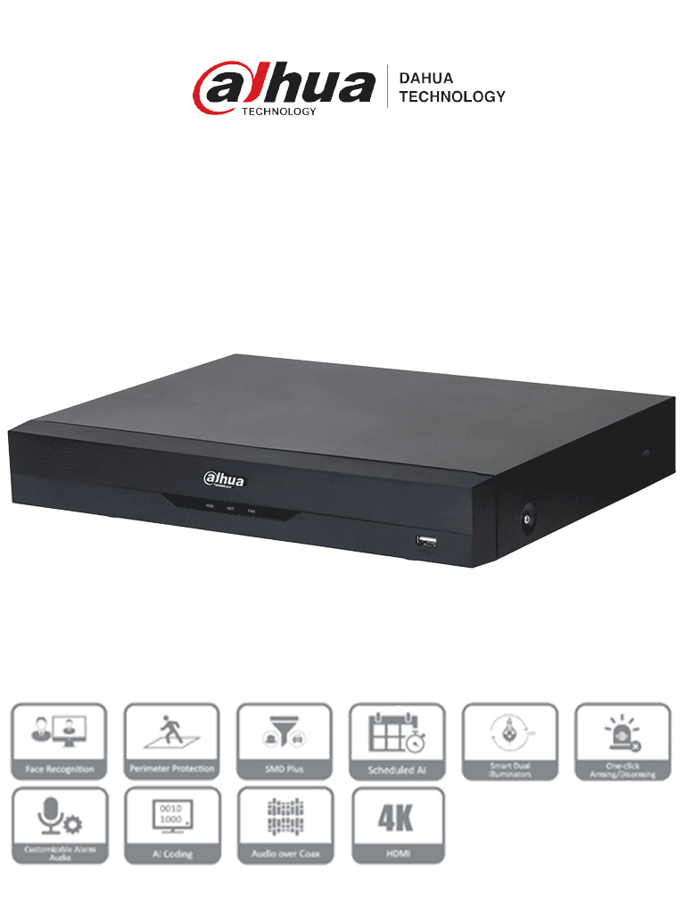 [DHT0370034] DAHUA XVR5116HE-4KL-I3 - DVR 16 Canales 4K con IA, WizSense, H.265+, 16 Canales + 16 IP (32 Ch máx.), Reconocimiento Facial, SMD Plus, Protección Perimetral, 16&3 E&S Alarma, 1 Puerto SATA.