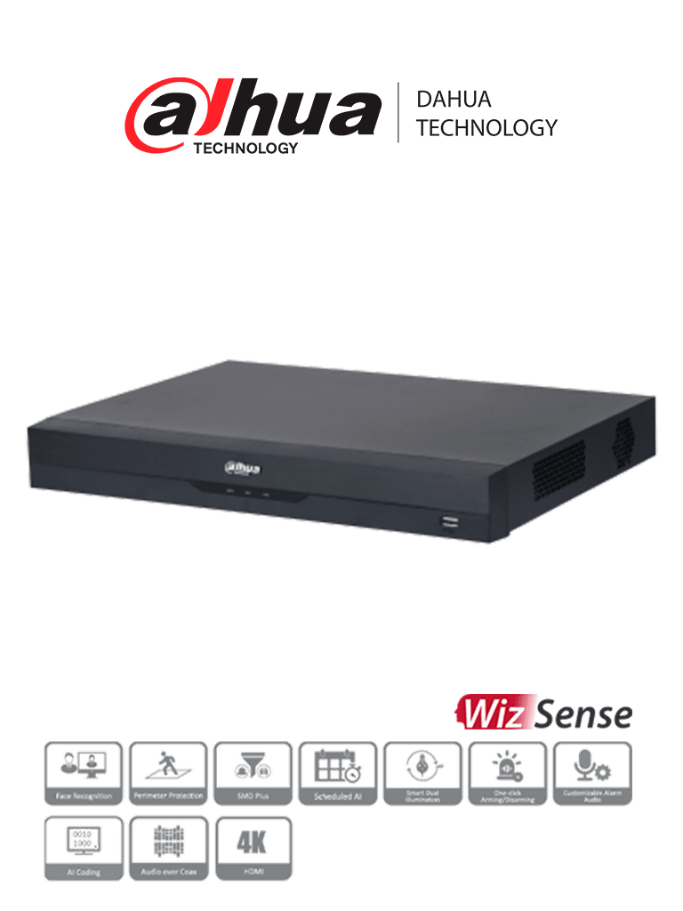 [DHT0370036] DAHUA XVR5216A-4KL-I3 - DVR de 16 Canales 4k/ WizSense/ H.265+/ 16 Canales + 16 IP/ Hasta 32 Ch IP/ 2 Ch de Reconocimiento Facial/ SDM Plus/ Protección Perimetral/ 2 SATA de hasta 10TB/ 16&3 E&S de Alarmas/ 4 Canales de Audio/ IoT/ POS/