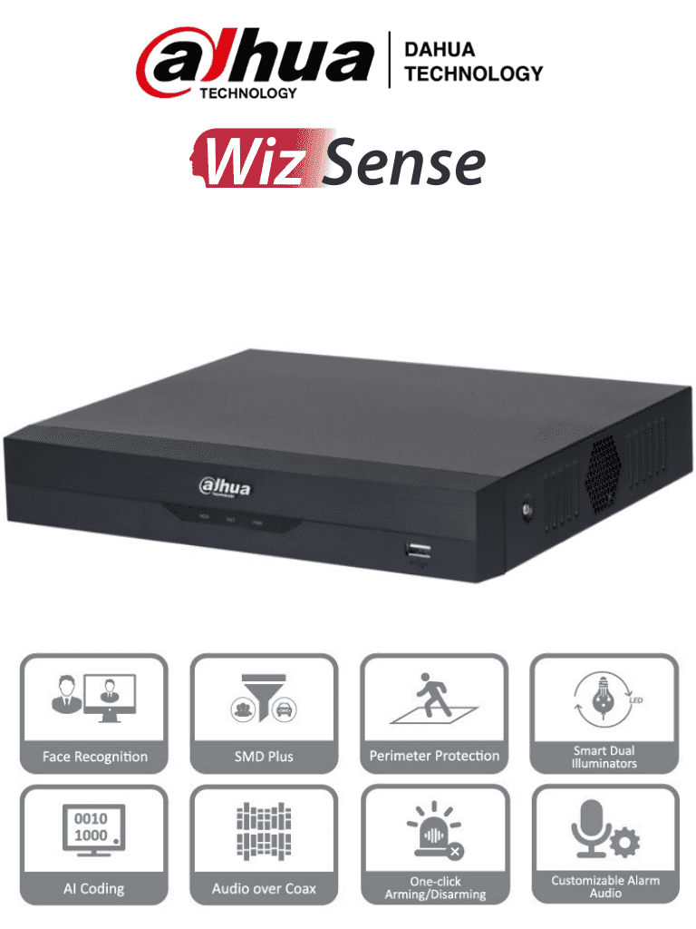 [DHT0360016] DAHUA XVR5108HS-I3 - DVR de 8 canales 5MP Lite, WizSense con IA, H.265+, 8 Canales Analogos + 4 IP o hasta 12 canales IP, 1 canal de reconocimiento facial, SMD Plus, 1 canal de protección perimetral y 1 bahía HDD #5MP