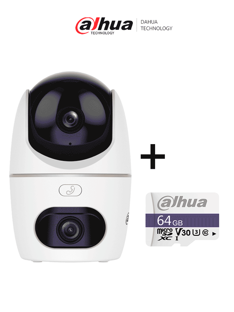 DAHUA PAQUETE Cámara IP-HPT1539DD-STW-5E2-IL/PT Dual de 10 MP/2 Lentes de 3k/ 30 de IR y Luz Visible/ Botón de Llamada/ Audio 2 vías/ Detección de Humanos y Mascotas/ Disuación activa/ AutoTracking/ Ranura MicroSD + Memoria Micro SD DHI-TF-C100/64GB
