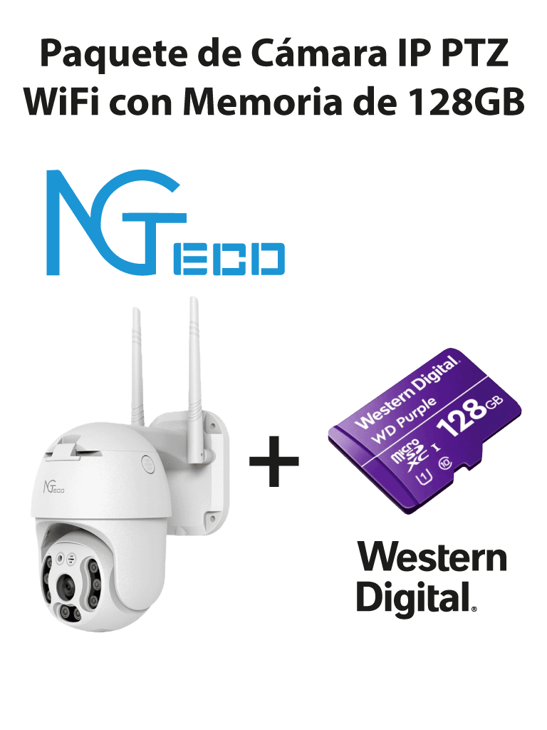NGTECO NGC4200PAK - Paquete de Cámara NGC4200 IP PTZ WiFi 3MP con Memoria de 128GB Micro SDXC/ Linea Purple/ Clase 10 U1