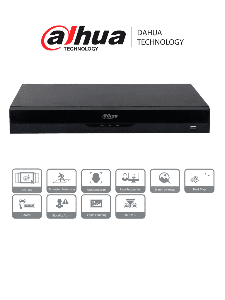 [DHT0200022] DAHUA NVR5216-16P-EI NVR IP WizSense de 16 canales 1U/ 16PoE/ 2HDD/ H.265+/H.265/ 384 Mbps/ AcuPick / N+M cluster/ IA por grabador: FD y FR /Protección perimetral/ SMD Plus