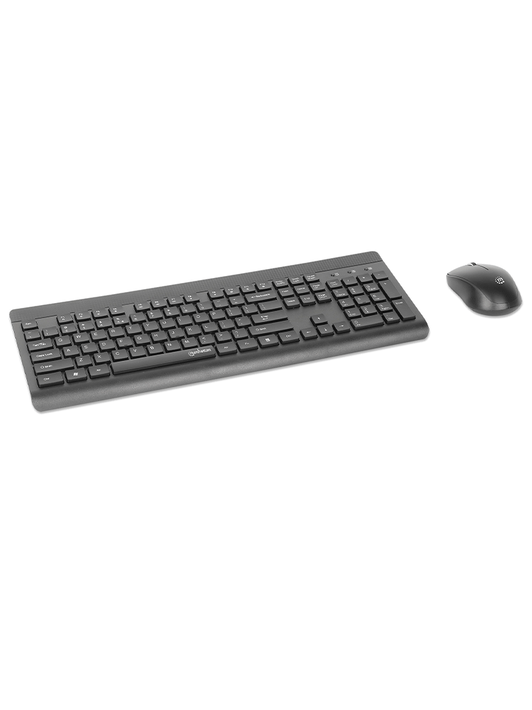 [MAN0460023] MANHATTAN - 180771 - Kit de teclado y mouse óptico inalámbricos / Un solo receptor USB-A Nano para ambos, teclado inalámbrico con 12 teclas multimedia/función, mouse óptico ambidiestro con tres botones y rueda de desplazamiento, 1200 ppp, negro