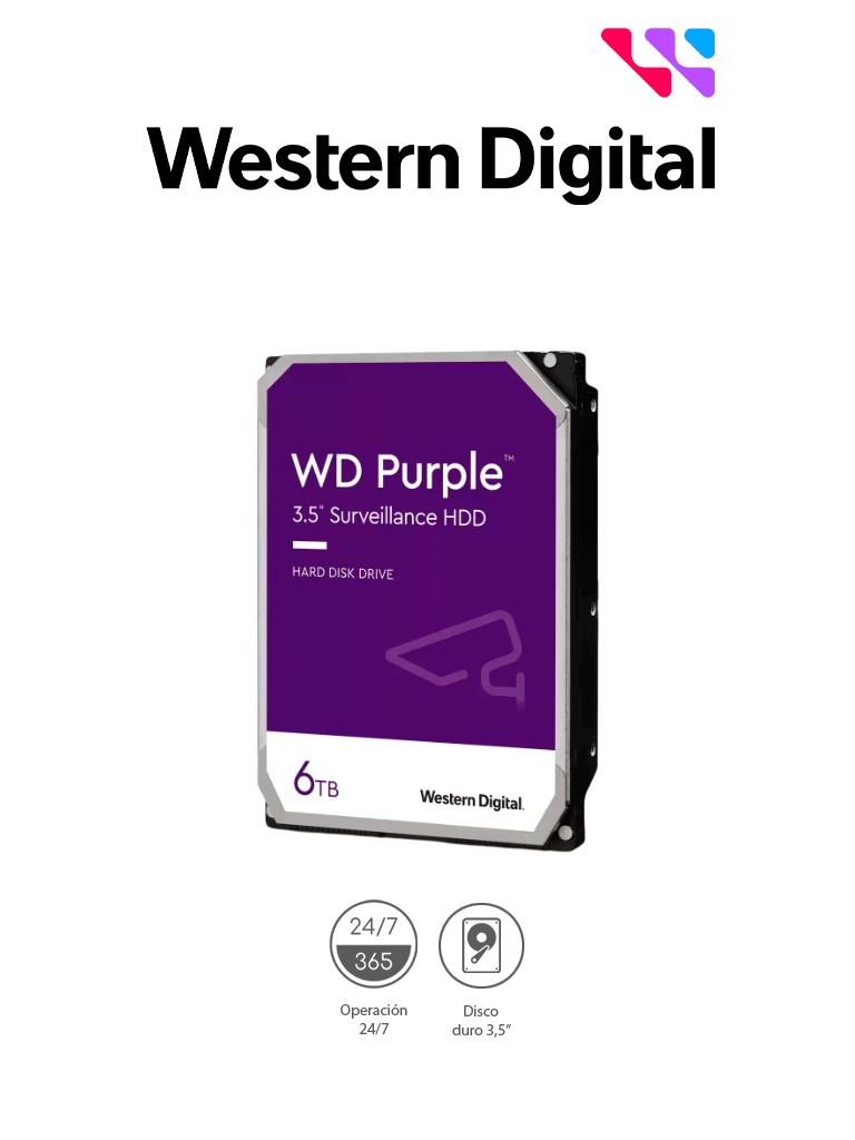 [WDC1490024] WESTERN DIGITAL WD64PURZ - Disco Duro de 6 TB Purple/ Especial para Videovigilancia/ Trabajo 24/7/ Interface: Sata 6 Gb/s/ Cache 256 MB/ Hasta 64 Cámaras/ Hasta 16 Bahías de Discos Duros/ 3 Años de Garantía/