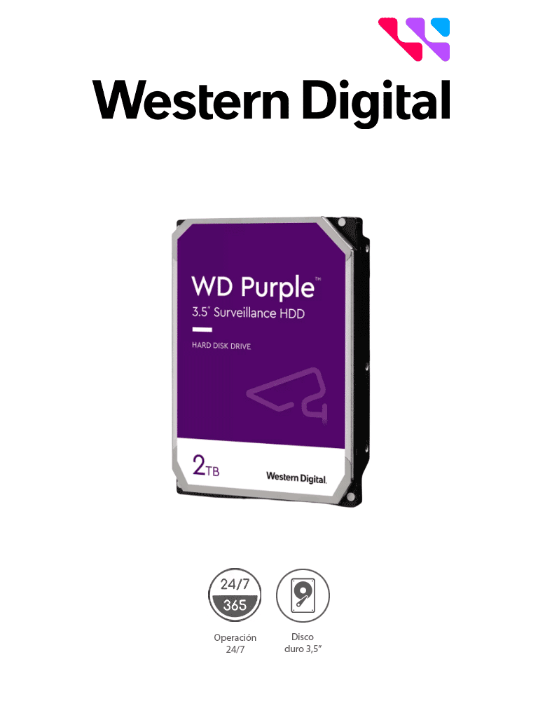 [WDC1490021] WESTERN DIGITAL WD23PURZ - Disco duro de 2TB / Serie Purple para videovigilancia / Trabajo 24/7/ Interface: Sata 6 Gb/s/ Hasta 64 Cámaras/ Hasta 8 Bahías de Discos Duros/ 3 Años de Garantía #CORRIENDO