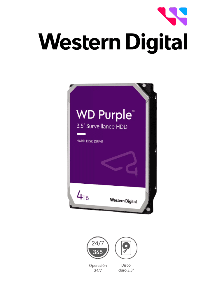 [WDC1490023] WESTERN DIGITAL WD43PURZ - Disco Duro de 4TB Purple/ Especial para Videovigilancia/ Trabajo 24/7/ Interface: Sata 6 Gb/s/ Hasta 64 Cámaras/ Hasta 16 Bahías de Discos Duros/ 180Mb/S /3 Años de Garantía #VIVA