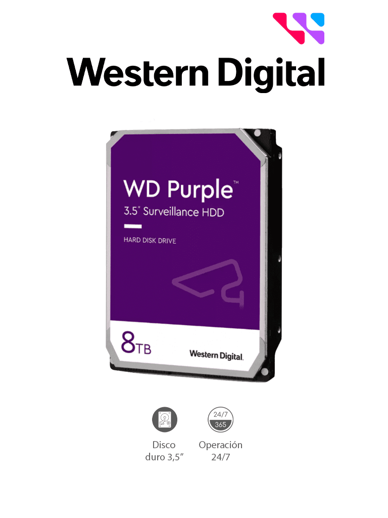 [WDC1490036] WESTERN DIGITAL WD85PURZ - Disco Duro de 8 TB Purple/ Especial para Videovigilancia/ Trabajo 24/7/ Interface: Sata 6 Gb/s/ Hasta 64 Cámaras/ Hasta 16 Bahías de Discos Duros #CORRIENDO