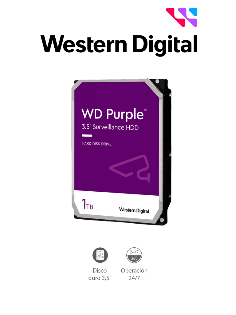 [TVM110067] WESTERN WD10PURZ - Disco Duro de 1TB Purple/ Especial Para Videovigilancia/ Trabajo 24/7/ Interface: Sata 6 Gb/s/ Hasta 64 Cámaras/ Hasta 8 Bahías de Discos Duros/ 3 Años de Garantía/