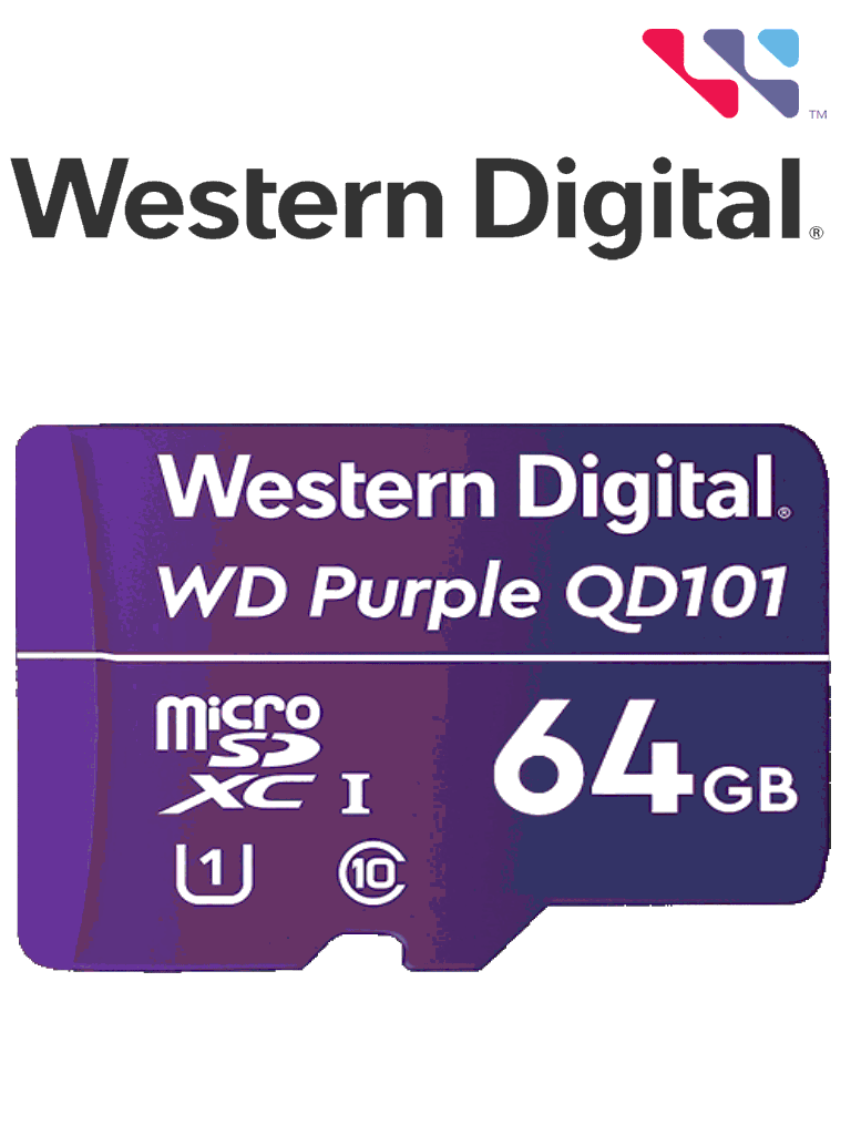 [WDC1510003] WESTERN WDD064G1P0C- Memoria de 64GB Micro SDXC/ Linea Purple/ Clase 10 U1/ Lectura 50MB/ Escritura 40MB/ Especializada para Videovigilancia #VIVA #MICROSD