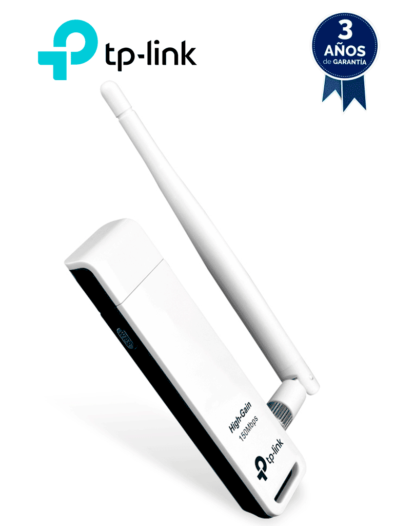 [TPL4220018] TP-LINK TL-WN722N - Adaptador USB inalámbrico de alta ganancia N 150 Mbps en 2.4 GHz con antena desmontable de 4dBi.