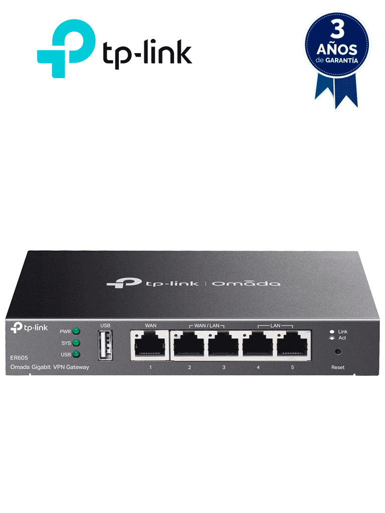 [TPL3660020] TP-LINK ER605 - Router Omada VPN SDN Multi-WAN Gigabit con 1 puerto WAN Gigabit, 2 LAN Gigabit y 2 configurables LAN/WAN, hasta 25,000 sesiones concurrentes, con gestión centralizada Omada o stand-alone y 1 puerto USB 2.0.