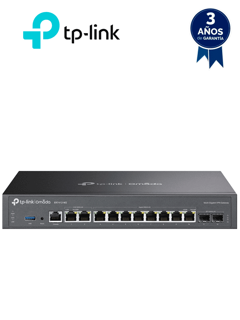 [TPL3660052] TP-LINK ER7412-M2 - Router VPN Omada Multi-Gigabit , 2 puertos WAN/LAN a 2.5G , 10 puertos Gigabit WAN/LAN (2× SFP, 8× RJ45) , Balanceo de carga hasta 11 puertos WAN , Gestión centralizada en la nube a través de la web o de la aplicación Omada.