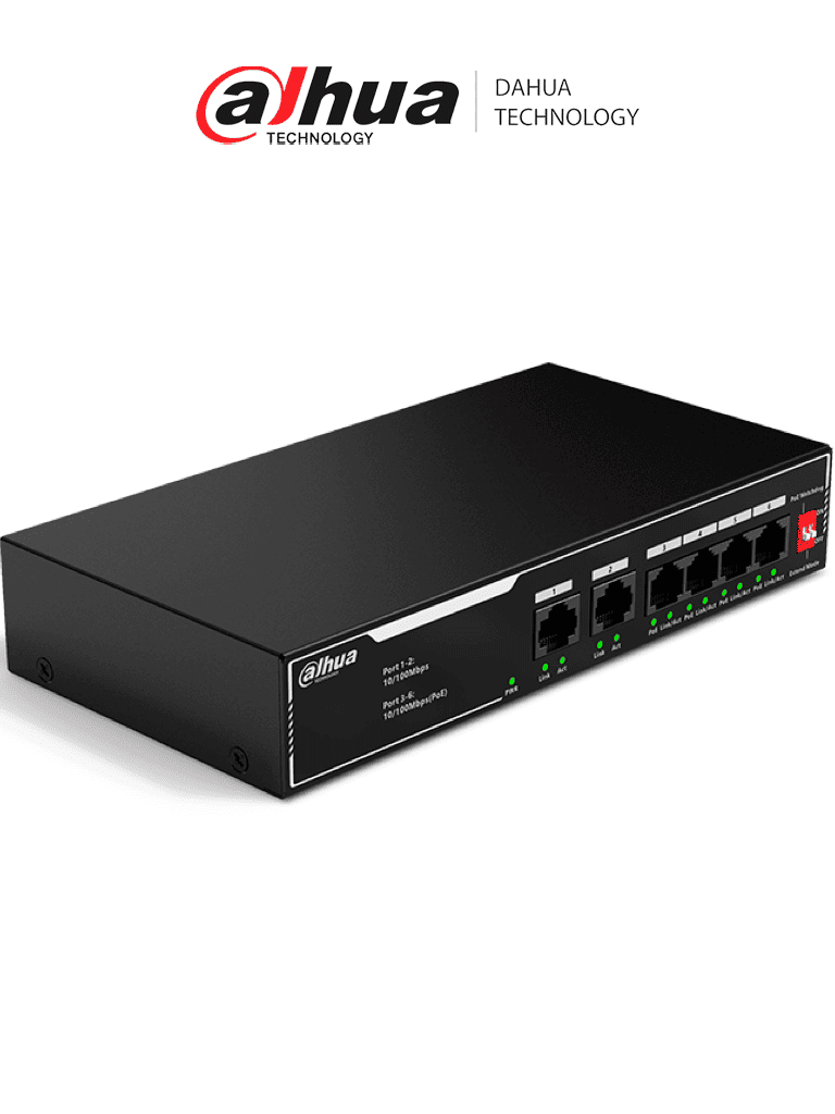 [DHT3720050] DAHUA DH-SF1006LP - Switch PoE de 6 Puertos Fast Ethernet/ 4 Puertos PoE 10/100/ 36 Watts Totales/ 2 Puertos Uplink RJ45 10/100/ PoE Watchdog/ Soporta hasta 250mts sobre UTP CAT 6/ Protección Contra Descargas/
