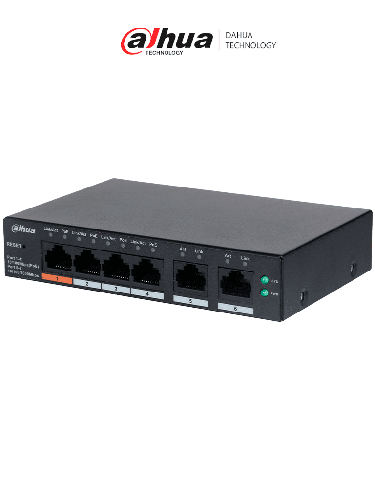 [DHT3720028] DAHUA CS4006-4ET-60 - Switch PoE de 6 Puertos Administrable/ 4 Puertos PoE 10/100/ 2 Puertos Uplink 10/100/1000/ 60 Watts Totales/ Administrable en la Nube/ PoE Hasta 250 Metros/ Carcasa Metalica/ Switching 4.8 Gbps/