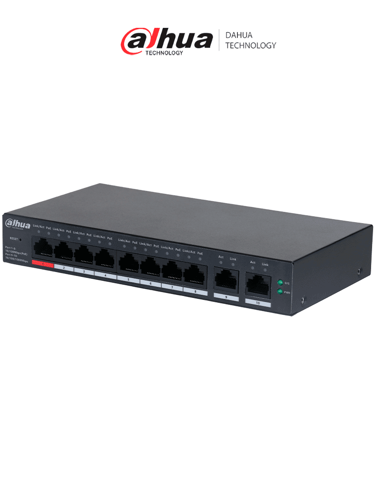[DHT3720030] DAHUA CS4010-8ET-110 - Switch Poe de 10 Puertos/ 8 Puertos PoE 10/100/ 2 Puertos Uplink 10/100/1000/ 110 Watts Totales/ Administrable en la Nube por DoLynk Care/ PoE 250 Metros/ Carcasa Metalica/ Switching 5.6 Gbps/