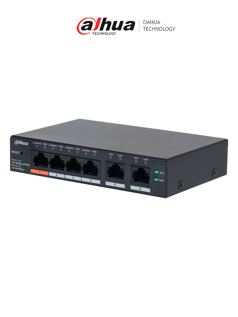 [DHT3720062] DAHUA DH-CS4006-4ET2ET-60 - Switch PoE de 6 Puertos Administrable con 4 PoE (10/100 Mbps) y 2 uplink (10/100 Mbps). Total de 65 W PoE, administración en la nube con DoLynk Care, carcasa metálica robusta, ideal para redes IP.#LoNuevo