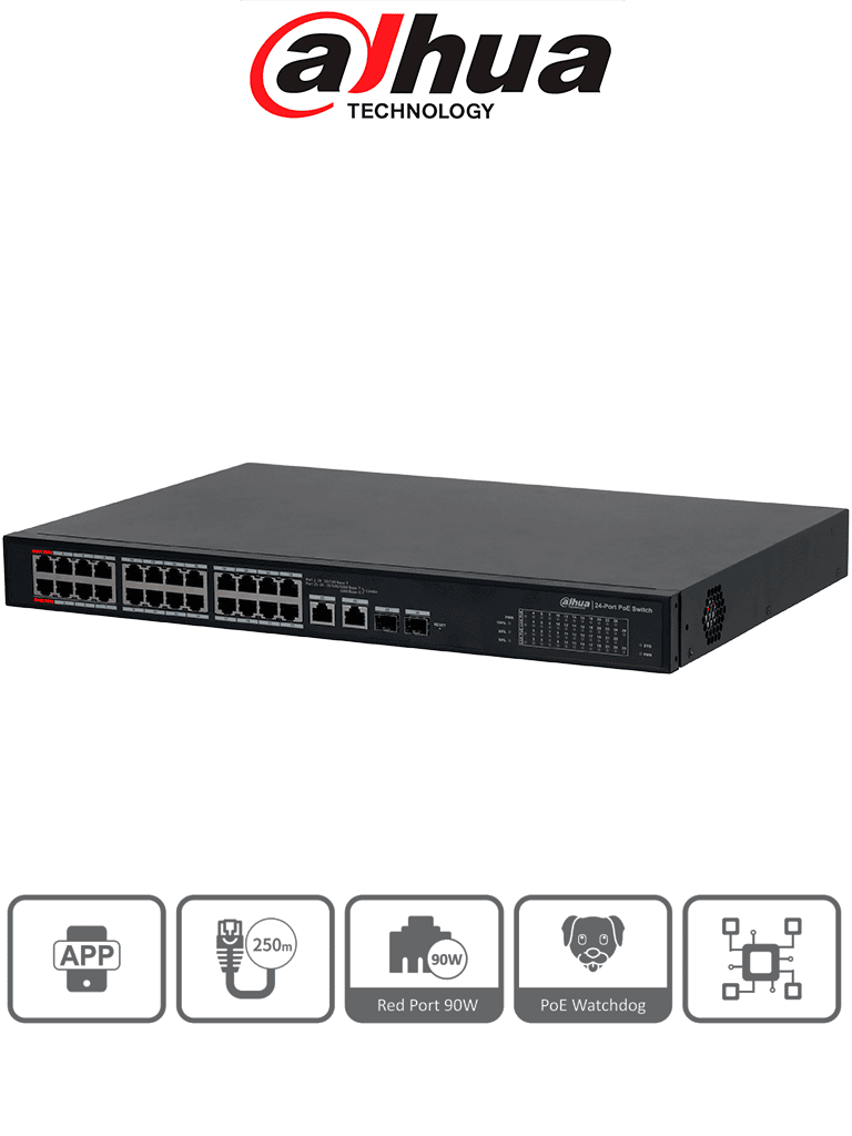[DHT3720026] DAHUA DH-S4101-24ET2GF-360-C - Switch Administable en la Nube de 26 puertos/ 24 puertos PoE Hasta 360 Watts/ Hasta 250 mts de Conexión/ PoE watchdog / 10/100 Mbps/ Poe 2.0/ 8.8 Gbps/ 2 Ptos Hasta 90W de Suministro PoE/ Administrable Cloud por Dolink Care