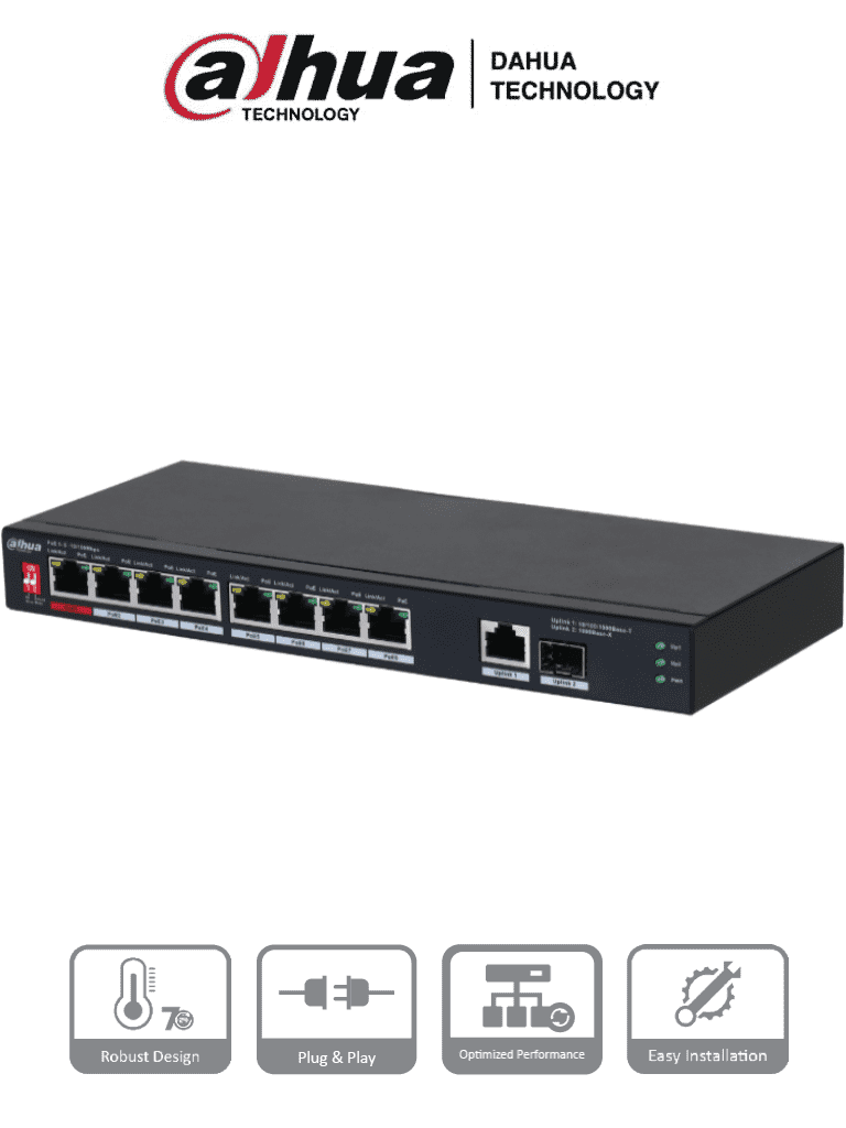 [DHT3720012] DAHUA PFS3110-8ET1GT1GF-96 -Switch PoE de 10 Puertos/8 Puertos Poe 10/100/1Puerto SFP de1000 Mbps/1 Puerto Uplink de 10/100/1000/ 96 Watts Totales/ Alimentación hasta 250 Mts/Soporta PoE Whatchdog/Puerto Rojo soporta IEEE 802.3bt/#SwitchD2 #REM #MCI2 #RMM