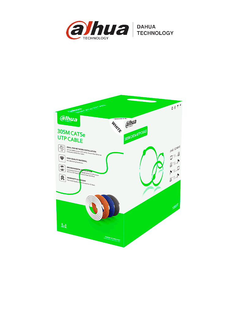 [DHT2640008] DAHUA PFM922I-5EUN-C -Bobina de cable UTP Cat5e de 305 metros, color blanco, ideal para instalaciones interiores. Conductor de CCA y cubierta de FR-PVC, cumple con la normativa ROHS para una alta calidad y seguridad.